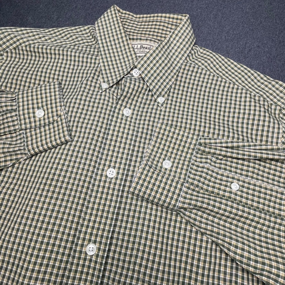 L.L.Bean Shirt Mens M Green Check Button Down Long Sleeve Casual